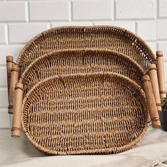 Enma Home Bambu Saplı Rattan Oval Tepsi - Büyük - 1