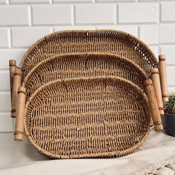 Enma Home Bambu Saplı Rattan Oval Tepsi - Küçük - 1